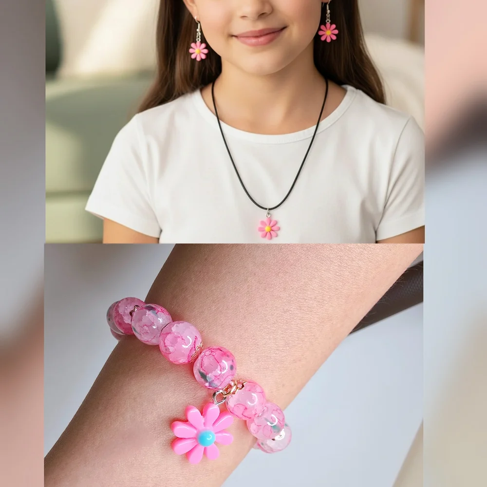 Hand Crafted Pink Flower Jewelry Set - Picture 2 of 12